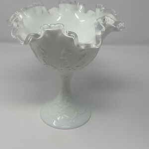 Vintage Fenton Milk Glass Silver Crest Spanish Lace Footed Compote